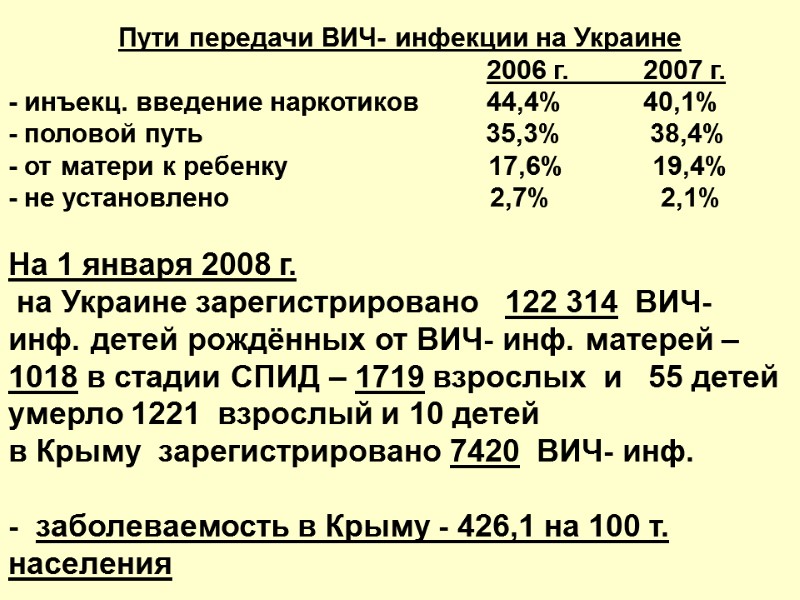Пути передачи ВИЧ- инфекции на Украине        
